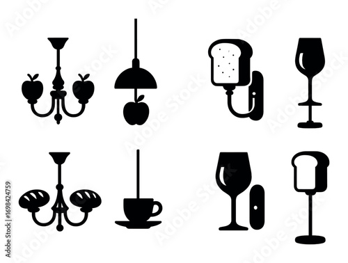 Silhouette collection of household objects and food items on brown background