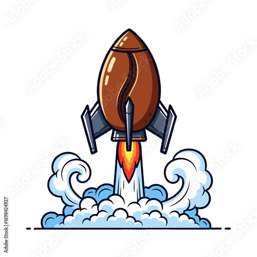 A cartoon rocket shaped like a coffee bean launching into the sky with fire and smoke.