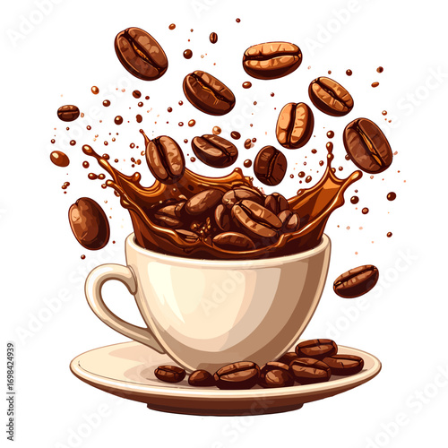 A white coffee cup overflowing with coffee beans and splashing liquid, with more beans falling from above.