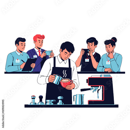 Barista demonstrating coffee preparation and latte art to a group of students.