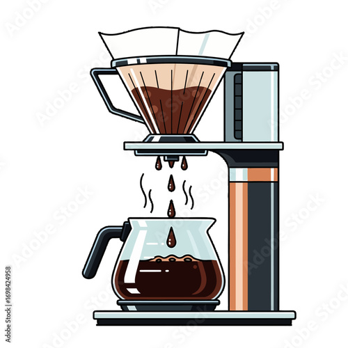 Illustration of a modern coffee maker brewing fresh, aromatic coffee into a glass carafe.