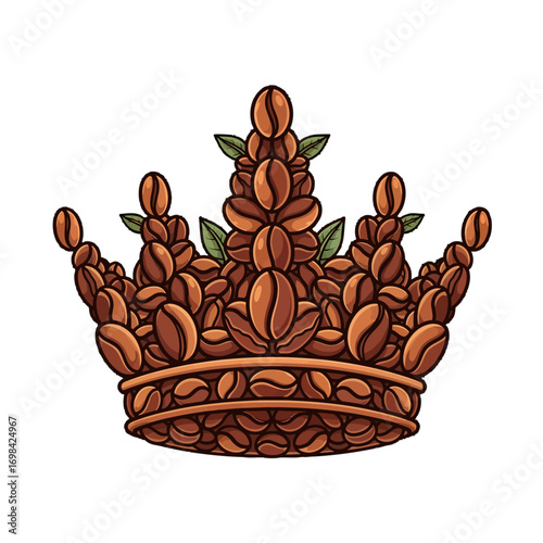 Illustration of a crown made of coffee beans with green leaves.