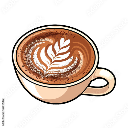 Illustration of a cappuccino with latte art in a white cup.