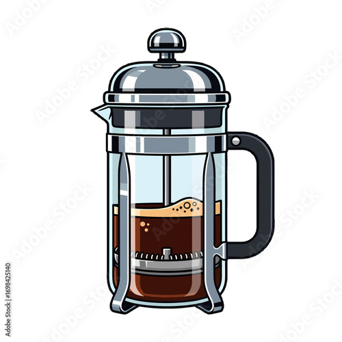 A detailed illustration of a French press coffee maker, showing its glass and metal components, filled with coffee.