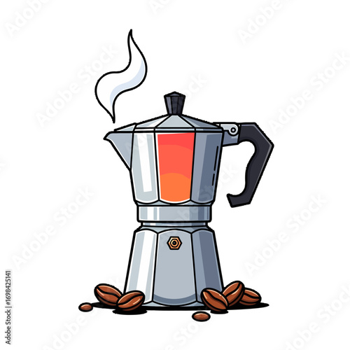 A metallic coffee maker with coffee beans and steam.