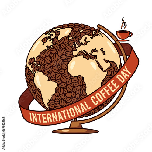 An illustration of a globe made of coffee beans, with a ribbon that says "International Coffee Day" wrapped around it.