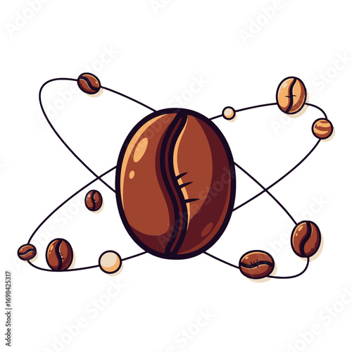 A stylized illustration of a large coffee bean at the center, with smaller coffee beans and dots orbiting it like electrons around an atom.