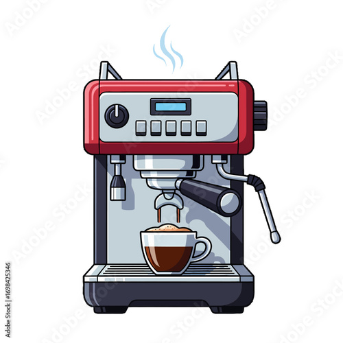 Illustration of a red and black espresso machine brewing coffee into a cup.