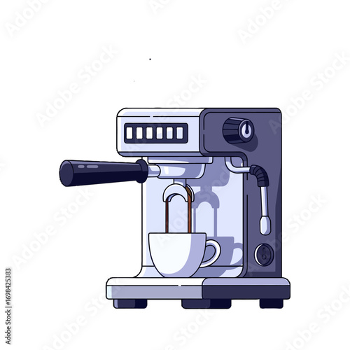 A stylized vector illustration of a modern espresso machine brewing a fresh shot of coffee into a white cup on a plain background.