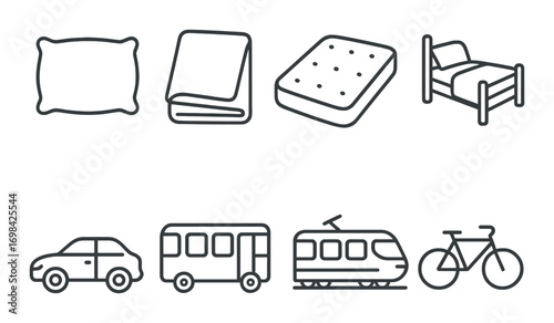 Collection of sleep and transportation icons on gradient background
