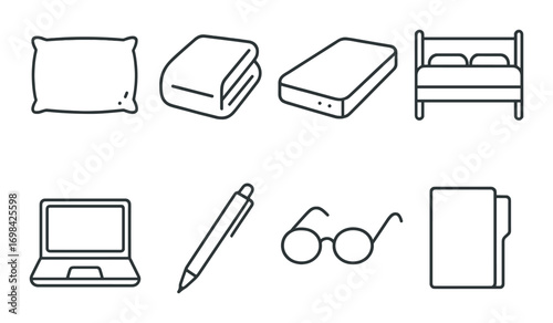 Minimalist icon set of furniture and office supplies on gray background