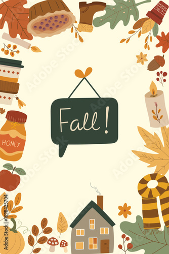 Autumn vector background with fall leaves, pumpkin, coffee, socks and cozy seasonal items. . Thanksgiving day. Harvest time. Vector