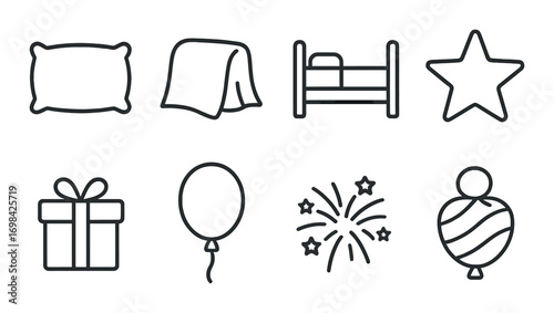 Nighttime icons: pillow blanket bed star gift balloon fireworks ornament