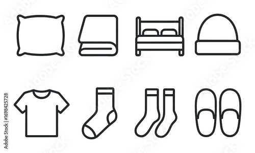 Minimalist home icons set featuring bedding and clothing essentials