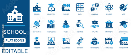 School icon set. featuring education, classroom, students, teacher   and more. Education and knowledge symbol. perfect flat icon collection.