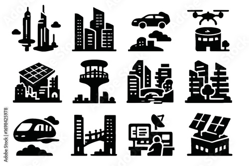 Sky vector green observation icon floating futuristic pods icons drone cityscape canals