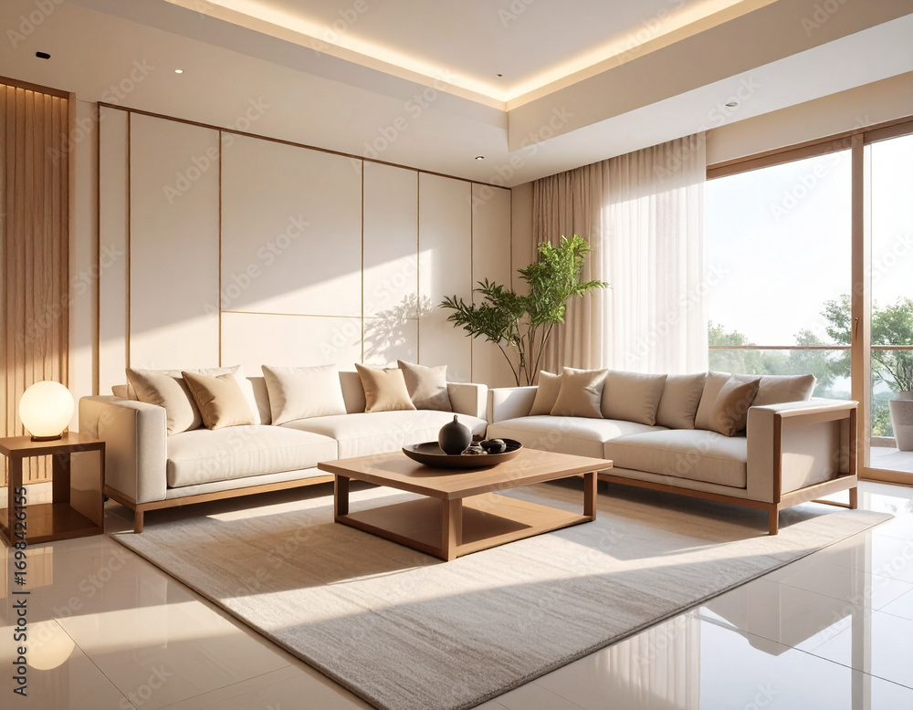 Fototapeta premium Modern living room design elegant interior residential space contemporary environment bright viewpoint aesthetic comfort for home decor