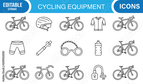 Biking and sport equipment outline icons set with bicycles, rider clothing, and cycling tools