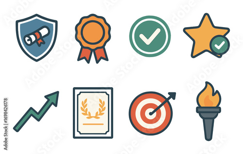 Colorful set of achievement icons featuring medal and target graphics