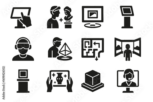 Exhibit info interactive holographic display pedestal icons artwork visitor vector virtual immersive