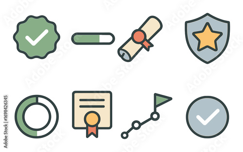 Set of certification and achievement icons with checkmarks and shields