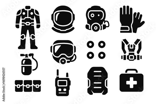 Gear futuristic backplate kit icon helmet sensors vector protective belt suit harness