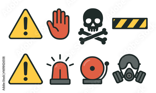 Warning icons: alert, hazard, caution symbols with alarm and gas mask