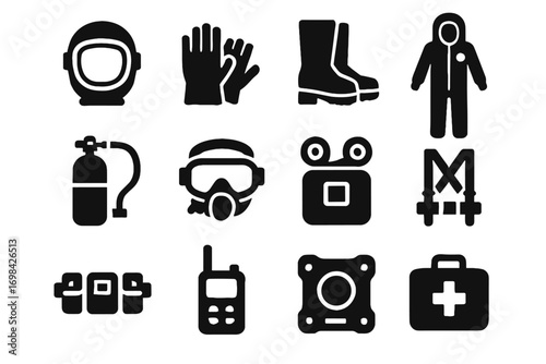 Gloves oxygen suit helmet utility icon harness vector emergency bio communication visor