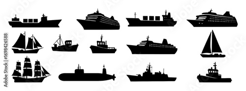 A collection of different types of boats, including a cruise ship, a sailboat, and a fishing boat. Vector. Silhouette illustration.