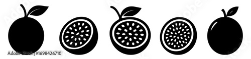 A series of black and white images of oranges. The images are all different sizes and are arranged in a row. Vector. Silhouette illustration.