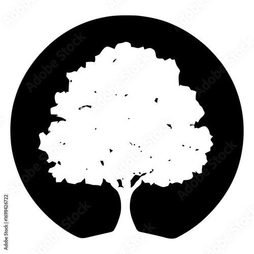 A tree is surrounded by a circle. The tree is white and the circle is black. The tree is the main focus of the image. Vector. Silhouette illustration.