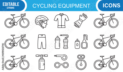 Training and biking sports vector illustrations with helmets, pedals, and hydration bottles