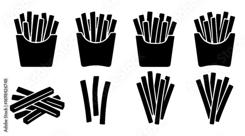 A series of black and white images of french fries. The images are all different sizes and shapes. Vector. Silhouette illustration.
