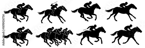 A series of horse racing images with a black and white color scheme. The horses are running at different speeds. Vector. Silhouette illustration.