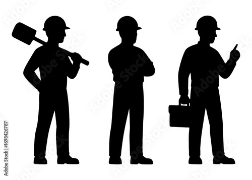 Three men in black standing in a line. One of them is holding a shovel. The other two are holding a briefcase. Vector. Silhouette illustration.