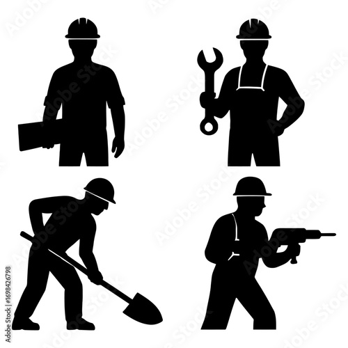 Four silhouettes of men dressed in work clothes, each holding a different tool. One man is holding a shovel. Vector. Silhouette illustration.