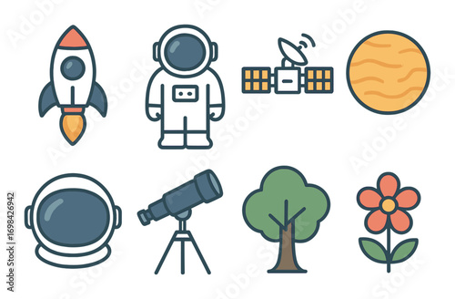 Space exploration icons: rocket, astronaut, satellite, planet, telescope, nature elements