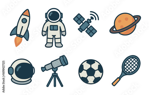 Space and sports icons: rocket, astronaut, planet, telescope, ball, racket