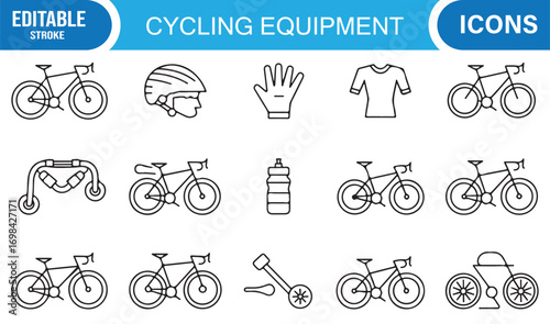 Athlete and cycling vector icons including helmet, pump, speedometer, and biking clothing
