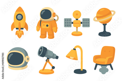 Futuristic space icons collection featuring rocket, astronaut, telescope, and planetary elements