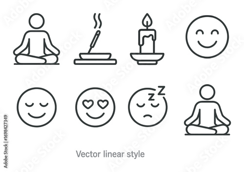 Minimalist meditation icons: candle, incense, smiley faces, sitting pose