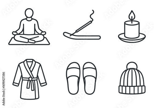 Mindfulness icons: meditation, incense, candle, bathrobe, slippers, beanie