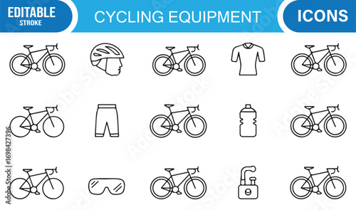 Fitness and exercise cycling line illustrations with road bikes, gear, and hydration accessories