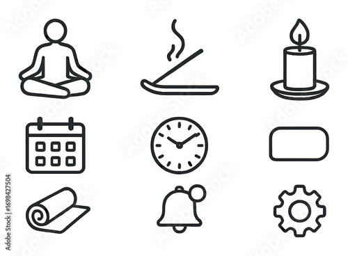 Meditation and relaxation icons: yoga, candle, incense, and more