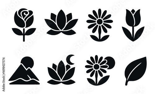 Minimalist black flower and nature icons on dark background