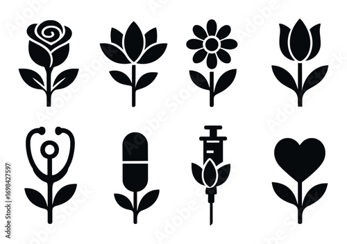 Floral medical icons: rose, lotus, daisy, tulip, stethoscope, pill, syringe, heart
