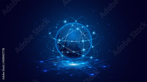 Concept of global network connection. World map. Modern internet network connection technology. High speed internet or fast wireless data transmission.