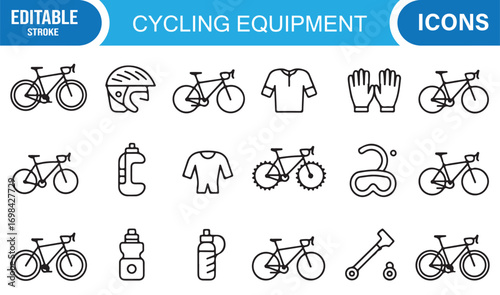 Road and mountain biking outline icons featuring bicycle, helmet, goggles, and pedal gear