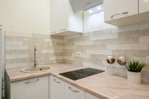 A clean, modern kitchen corner with light-colored cabinets, tiled backsplash, and countertop with sink and induction hob. Decorative elements add a cozy touch