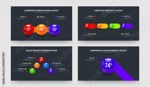 Visual Development Three Four Five One Element Chart Presentation Layout Vector Illustration Set. Educational Visualization 3 4 5 1 Option Infographic Slideshow Template Collection.